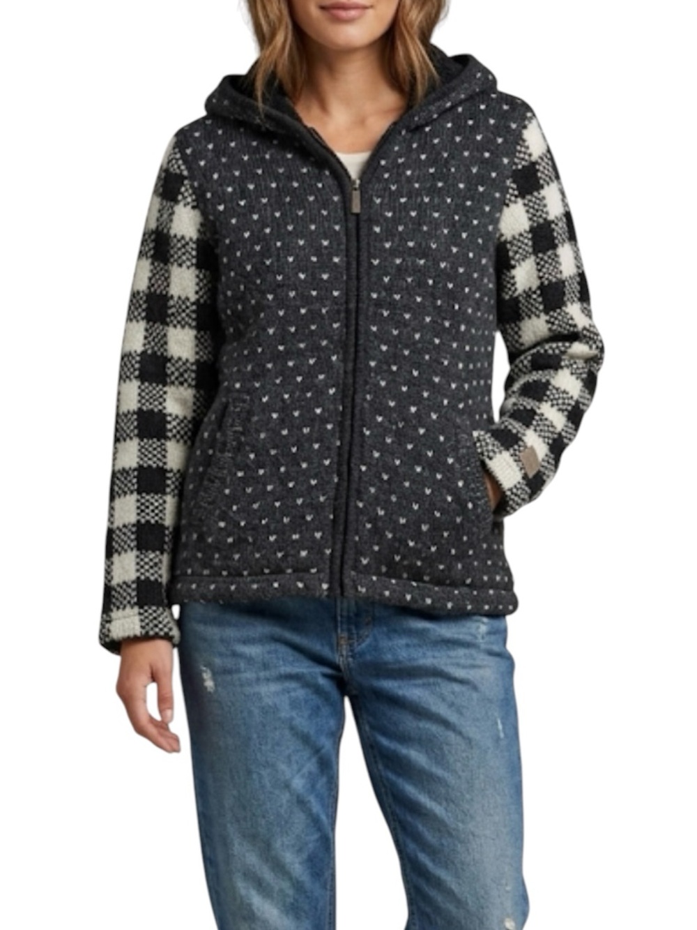 Kyber Wool Jacket Hoodie Nepal Boho Knit Coat Women’s S Black White Plaid Fleece